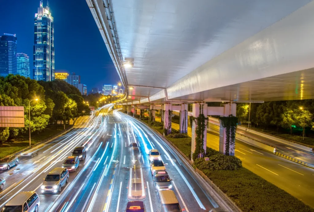 Highway with light streaks in the evening