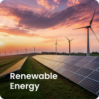 Solar Panels and wind turbines in the field in the afternoon