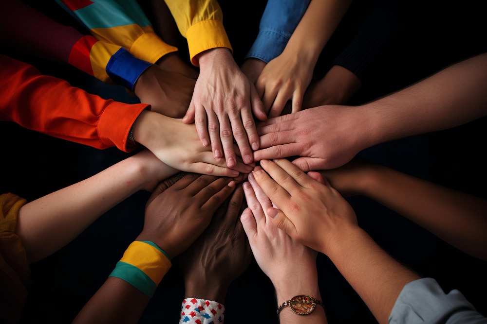 Huddled hands with different skin colors
